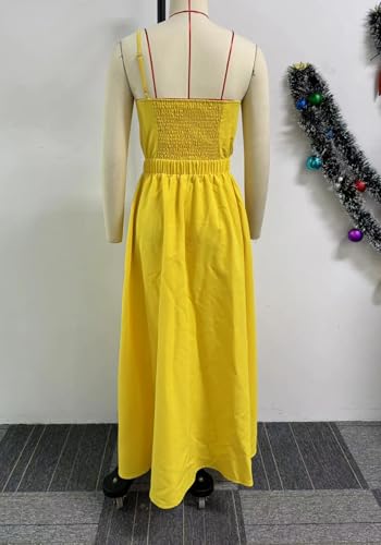 Image of Molisry Women's Summer One Shoulder Dress Spaghetti Strap Cut Out Sleeveless Tight Waist Maxi Bubble Cocktail Dress Party Yellow