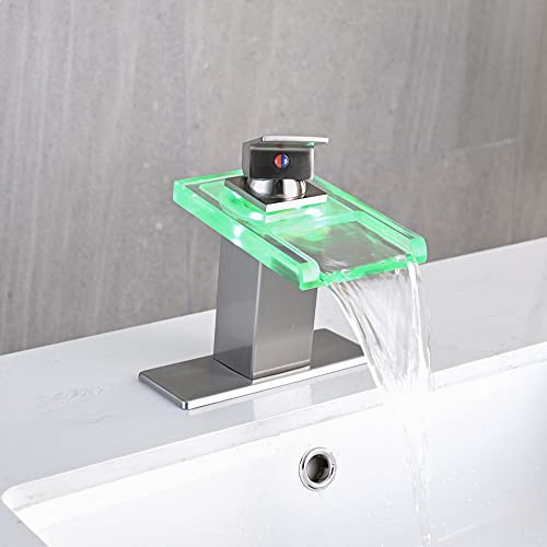 Image of AVSIILE LED Bathroom Sink Faucet, Brushed Nickel Waterfall Open Glass Spout
