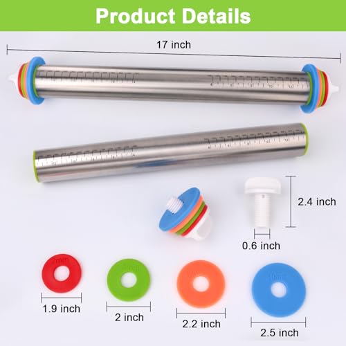 Rolling Pin with Thickness Rings and Silicone Baking Mat, Adjustable Stainless Steel Rolling Pins for Pasta or Sugar Decorating Cookies, Bread Making Tools Fondant Roller for Dough, Dumpling, Ravioli - Image 3