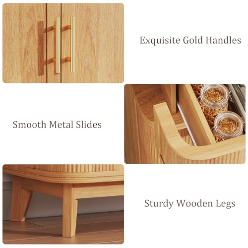 Image of HUAHUU 71 inch Pantry Cabinet with Drawer, Kitchen Pantry Storage Cabinet with 4 Doors, Modern Curved Storage Cabinets with 10 Large Storage Spaces for Dining Room, Living Room, Oak