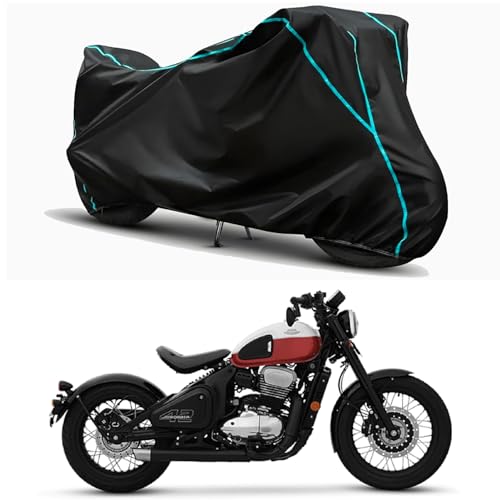 Image of Waterproof Bike Body Cover Compatible for | Jawa 42 Bobber | Taffeta Fabric, Sky Piping Design, Bottom Elastic Fit | Dustproof, Sun UV & Rain Protection for All Weather.