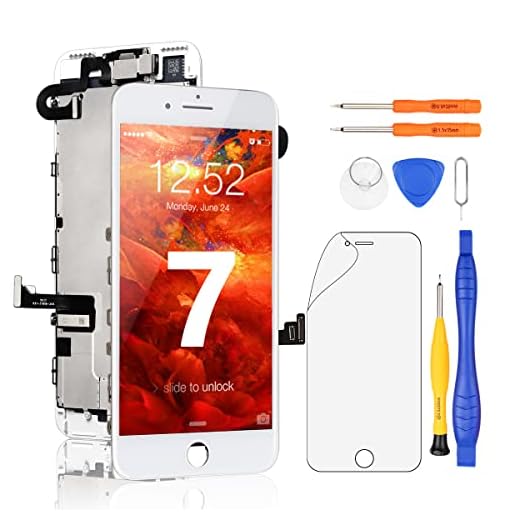 Yodoit för iPhone 7 skärm ersättning vit med främre kamera, hörlurshögtalare, skärmplatta, LCD-skärm touch digitizer montering + reparationsverktyg, skärmskydd