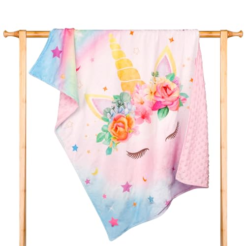 Pea Pod Baby Blankets Unicorn for Girls, Super Soft Floral Minky Toddler Newborn Blanket Double Layer with Dotted Backing Crib Receiving Blanket for Nursery/Stroller/Baby Carseat, 30 x 40inch