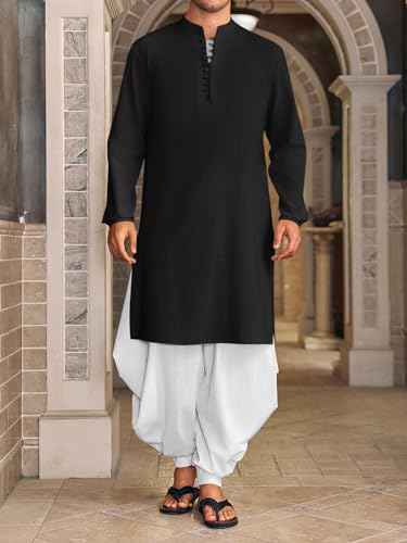 Runcati Mens Kaftan Thobe Button Down Henley Shirts Robe Long Sleeve Casual Cotton Linen Muslim Gown Shirt4