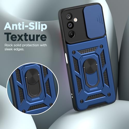 Image of Amazon Basics Back Cover for Samsung Galaxy M16 5G | 360 Protection Case | Sliding Camera Sheild Cover & Ring Holder Stand D10 Tough Armor Bumper Case (Blue)