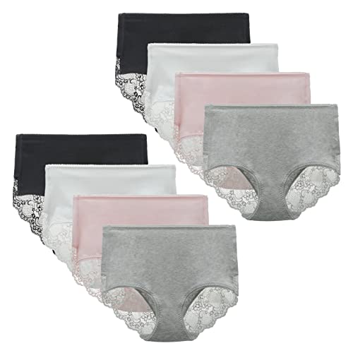 LIQQY Womens Cotton High-Leg Brief Panty Cottontails Brief Full Coverage Briefs High Waist Lace Panties Pack of 8 (X-Large, Black/White/Pink/Grey)
