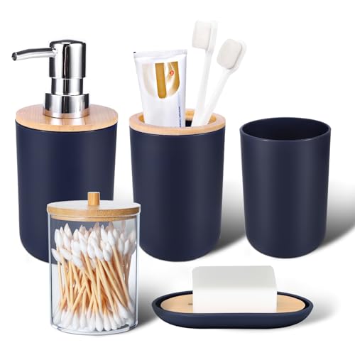 iMucci Bathroom Accessories Set 5Piece Navy Blue Bathroom Sets, Toothbrush Holder, Toothbrush Cup, Soap Dispenser, Soap Dish and Qtip Holder Bathroom Decor