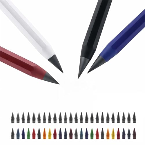 Qibivfo 52er Set Metall Tintenlose Bleistifte 4 Unendliche Infinity Pencil mit 48 Wechselköpfen Ewiger Bleistift ohne Anspitzen Glattes Schreiben für Kinder ab 3 Jahren & Erwachsene