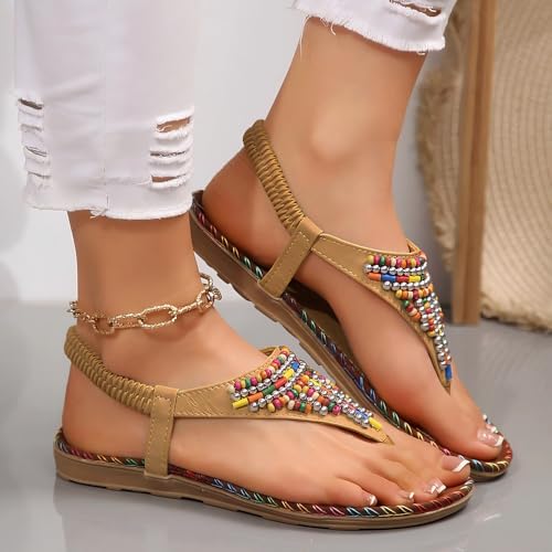 Beach Sandals for Women, Comfy for Travel, Beach or Poolside,Flat Sandals,Comfort Walking Shoes Bohemian,Brown 8.54