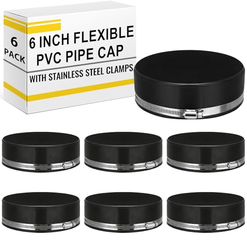 Image of 6 Pack 6 Inch Flexible PVC Pipe Cap with Stainless Steel Clamps - Black Durable End Caps for Drainage, Wastewater & Vent Pipes, Above /below Ground Use