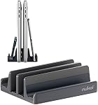 Vertical Laptop Stand - SPACEMax Adjustable - Nukoi GRIPLock Anti-Tip Silicone 4 Slots Aluminum Desktop Holder - Double Dock Stand - 2 Phone Slots Fits Up to 17.3” Laptops, Tablets, Phones - Gray