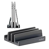 Nukoi Vertical Laptop Stand - SPACEMax Adjustable GRIPLock Anti-Tip Silicone 4 Slots Aluminum Desktop Holder - Double Dock Stand - 2 Phone Slots Fits Up to 17.3” Laptops, Tablets, Phones - Gray