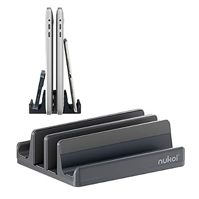 Nukoi Vertical Laptop Stand - SPACEMax Adjustable GRIPLock Anti-Tip Silicone 4 Slots Aluminum Desktop Holder - Double Dock Stand - 2 Phone Slots Fits Up to 17.3” Laptops, Tablets, Phones - Gray