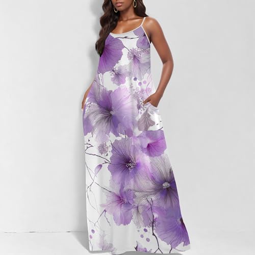 Image of Women's Summer Maxi Dress Spaghetti Strap Floral Boho Beach Long Sundress with Pockets