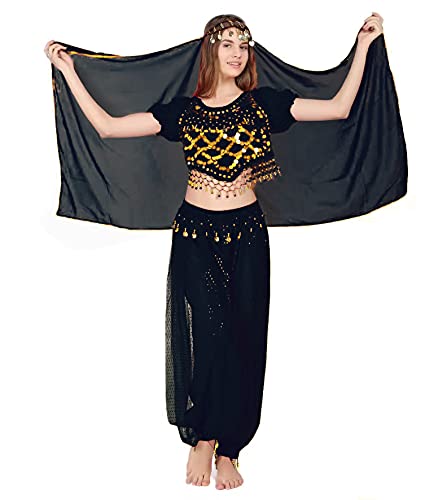 Carnavalife 3Pcs Mulheres Dança do Ventre, Roupa Indiana com Paetês para Fantasia de Princesa, Conjunto de Top de Dança, Calças de Lanterna e Cabeça de Barbijo com Corrente, Preto