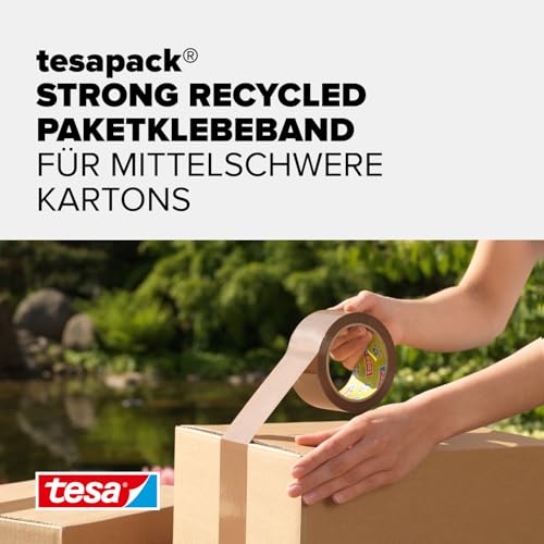 tesa pack STRONG RECYCLED - Paketklebeband aus 100% recyceltem Kunststoff, Klebeband für mittelschwere Pakete - UV- und alterungsbeständig - Braun - 66 m x 50 mm