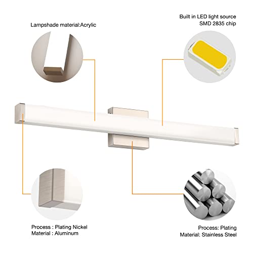 Image of Bathroom Vanity Light Brushed Nickel Square LED 24 inch 14W 4000K Natural White Light Wall Bar Lighting Fixtures Over Mirror (Brushed Nickel, 33.5 inch 5CCTDimmable)