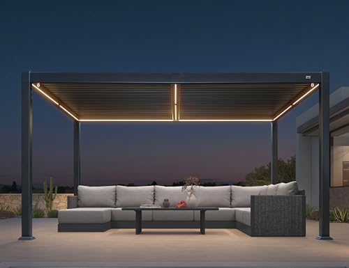 PURPLE LEAF Louvered Pergola 92KS 10' x 14' with Integrated LED Strip Lights Aluminum Outdoor Pergola with Adjustable Louvered Roof for Patio Deck Garden Yard Gray