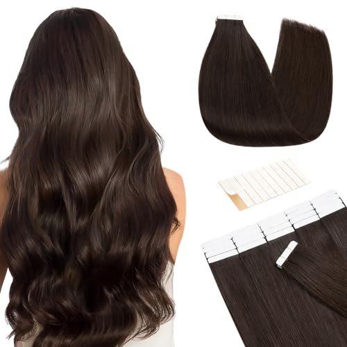 TESS Tape in Hair Extensions Human Hair 10 PCS #02 Dark Brown - 14 Inch Seamless Invisible Real Hair Extension Straight 20g
