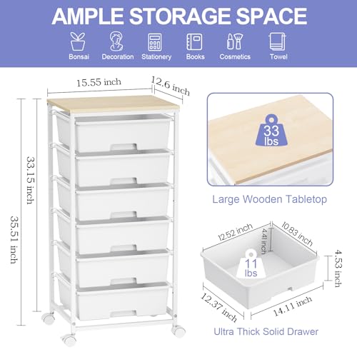 Rolling Storage Cart with Drawers,Utility Cart with 6 Large Drawers and Wooden Tabletop,Craft Storage Cart with Lockable Wheels for Bedroom, Office, Classroom, Kids\'Room, Living Room (White)