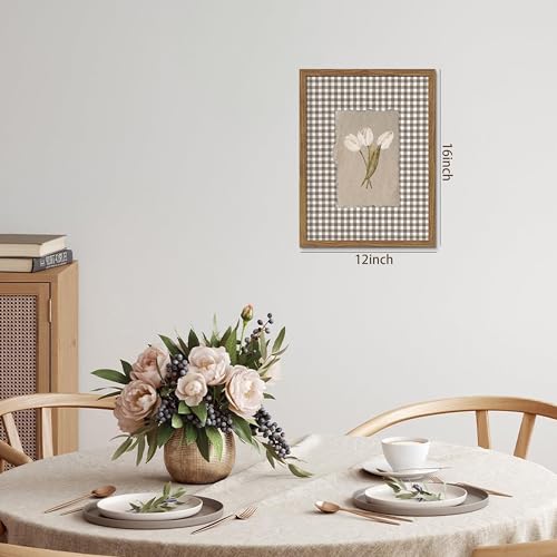 Image of Vintage White Tulips Framed Canvas Wall Art - Brown Gingham Botanical Painting Print, Rustic Farmhouse Floral Picture for Living Room Bedroom Nursery Office Home Decor 12x16 inch