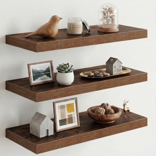 Image of Fun Memories 10 inch Deep Floating Shelves with Invisible Brackets, 24 inch Wall Shelves for Bathroom Bedroom Living Room, Modern Rustic Shelves for Home Decor, 24 inch W x 10 inch D x 1.5 inch H, Set of 3, Brown