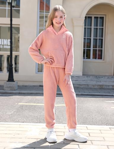 Image of Shallmu Girls Fuzzy Bear Ear Plaid Hoodie Pullover Sweatshirt with Pocket Sweatpants Fall Winter 2 Piece Outfits