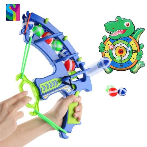 Image of SENSARTE Dinosaur Sticky Ball Launcher Bow & Dart Board Game for Kids | Safe Indoor /Outdoor Target Shooting Toy with 6 Balls for Boys & Girls