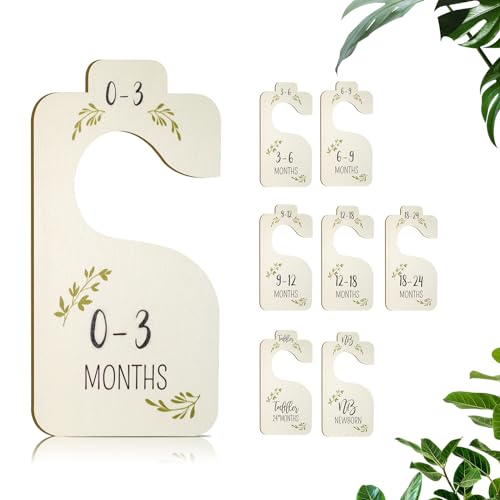 Image of Baby Closet Dividers for Clothes Organizer - Set of 8 Adorable Wooden Double-Sided Baby Clothes Size Hanger Organizer from Newborn to 24 Months for Nursery Beautiful Decor