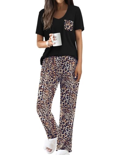 Image of Ekouaer Pajama Sets for Women 2 Piece Short Sleeve Pj V Neck Chest Pocket | Ladies Pajama Sets with Printed Long Pants, Soft Matching Pj Sleepwear, Casual Loose Fall Loungewear, S-XXL