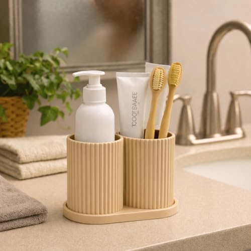 Image of Aesthetic Toothbrush Holder for Bathroom, Dual Cup Ribbed Design, Toothbrush & Toothpaste Organizer Stand, Modern Bathroom and Stationery Accessories Holder (Beige)