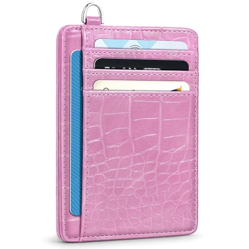 Image of Coco Rossi Crocodile Wallet Women Slim Credit Card Holder with Keychain | Luxury Wallets, Alligator Print, RFID Blocking, ID Case, Small Minimalist, Womens Girls Gift, Peach Pink Croc