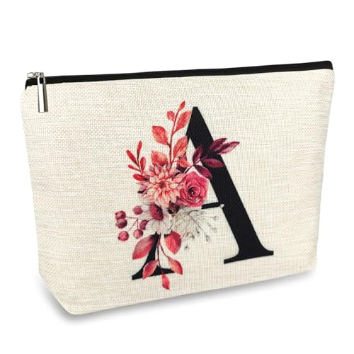 Initial A-Z Personalized Floral Makeup Bag, Monogrammed Birthday Gifts for Women Mom, Mothers Day Christmas Gift Ideas for Best Friend, Bride Bridesmaid, Her, Grandma, Small Travel Cosmetic Bag (A)