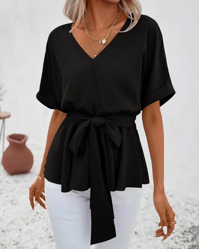 FSHAOES Womens V Neck Blouse Short Sleeve Belted Casual T-Shirts Basic Tee Tops4