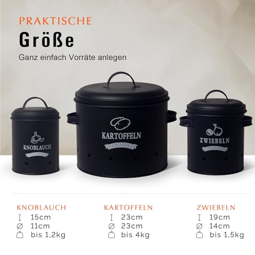 Theo&Cleo Set di Contenitori per Patate, Vaso per Patate in Stile Retrò Vaso da Cipolle, Grande Contenitore per Alimenti in Metallo Smaltato, per la Conservazione in Cucina, Nero - immagine 3