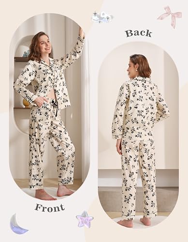Image of NAP BOUND 100% Cotton Pajamas for Women 2 Piece PJs Set Long Sleeve Button Down Breathable Woven Sleepwear Loungewear XS-XXL