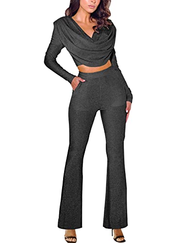 Annystore Women's 2 Piece Outfits Long Sleeve Ruched Sparkly Bodycon ...