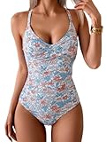 B2prity Women's One Piece Swimsuits Tummy Control Front Cross Bathing Suits Tie Back Slimming V Neck Swimwear Pink Floral