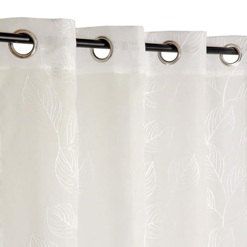 Atout Ciel Rideau Voilage Brodé Feuilles, à œillets 140x240cm prêt à Poser, Ecru