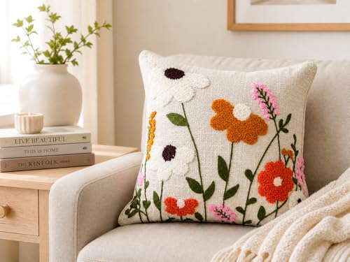 Image of Prista Embroidered Cushion Covers Set of 2 (16x16 Inch) | Floral Cushion Cover for Sofa | Decorative Throw Pillow Covers for Living Room | Hidden Zipper (Multicolor Floral)