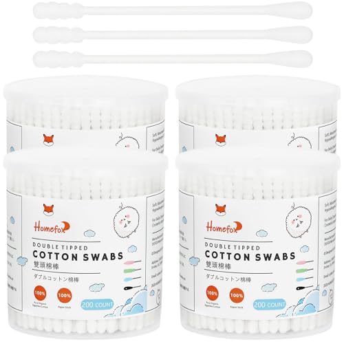 HOMEFOX Cotton Swabs Spiral - 800 Count Organic Cotton Buds Double Side Tightly Wrapped Cotton Tips Paper Stick Soft Gentle Lint-Free Cruelty-Free, Round & Spiral (White)