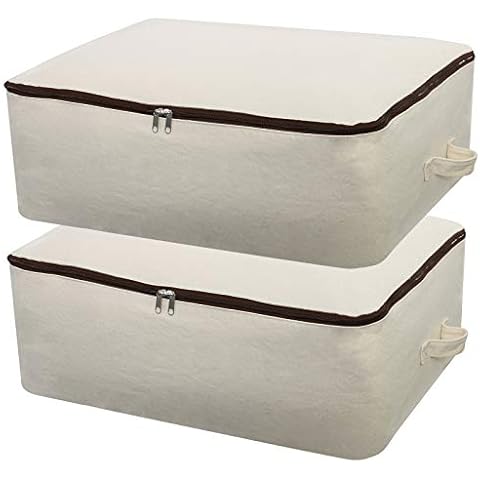 2PCS 100% Natural Cotton Canvas, 12OZ Thick Soft Breathable Storage Bag Closet Organizer for Beddings, Comforters, Pillows, Blankets, Clothes, 65*47*22cm, Beige Cover