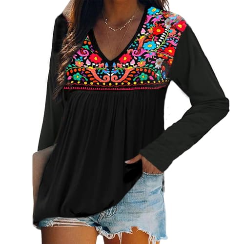 Melliflo Womens Long Sleeve Mexican Shirt Pleated Front Embroidered Tunic
