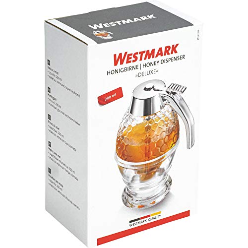 Foto von Westmark Honigbirne/Honig-Dosierer mit Untersatz, Fassungsvermögen: 200 ml, Wabenmuster, Glas/Kunststoff, Deluxe, Transparent/Silber, 65132260
