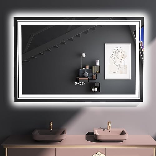 LED Bathroom Mirror, 48"X30" with Front and Backlit, Anti-Fog, Large Bathroom Vanity Mirror for Wall, Memory Function, Stepless Dimmable, Tempered Glass (Horizontal/Vertical)