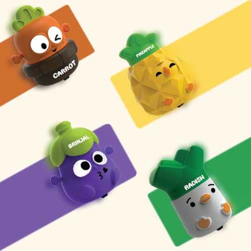 Image of Press & Go Veggie Runner Toy Pack of 4 for Kids with Colorful Carrot, Brinjal, Radish & Pineapple Designs, Push and Go Action Toy, Best Gift for Kids, 3+ Years