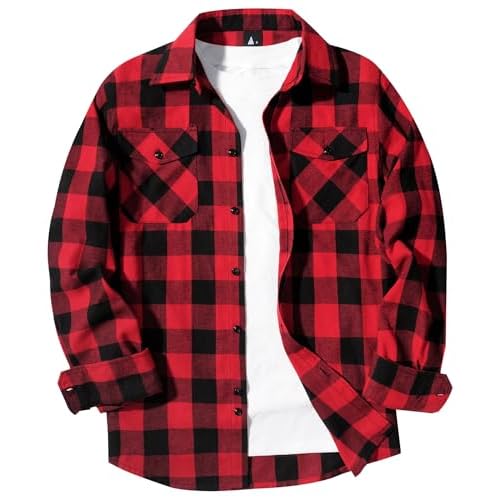 ZITY Men Plaid Flannel Shirts Long Sleeve Casual Button Down Collar Jackets for Men with Pockets One Red X-Large