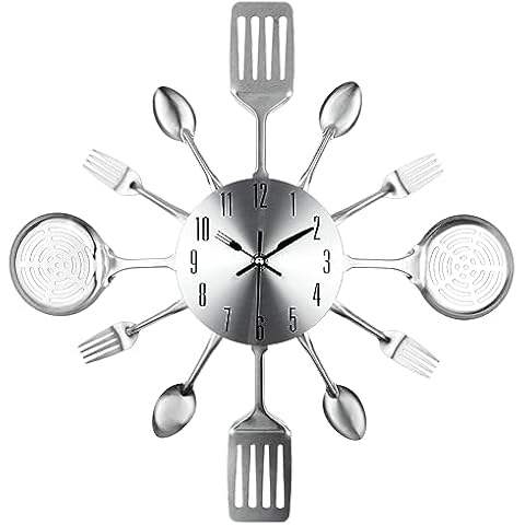 Timelike 16 Inch Large Kitchen Wall Clocks with Spoons and Forks Creative Modern Home Decor Antique Style Wall Watch (Silver) Cover