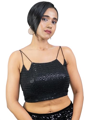 Image of FIGURE'S DESIGNER Women's Spagehtti Neck Strap Sequin Embroidered Sleeveless Readymade Saree Blouse E22