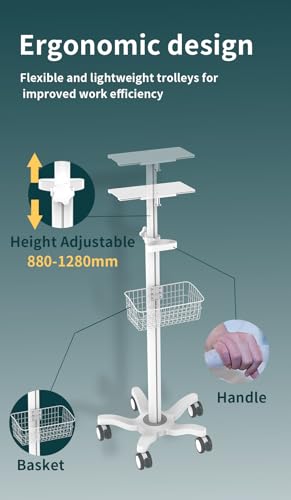Image of Mount Plus X3 Height Adjustable Aluminium Rolling Stand for Patient Monitor Medical Trolley Cart with Basket and and Locking Casters for Dental Office, Hospital, Clinic